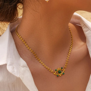 Ig Style Devil's Eye Stainless Steel Plating Hollow Out Inlay Malachite 18k Gold Plated Necklace