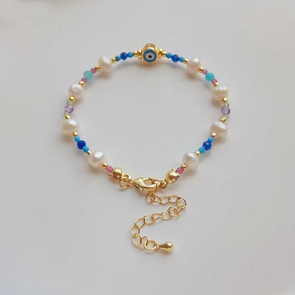 Ig Style Devil's Eye Turquoise Freshwater Pearl Seed Bead Beaded Knitting Plating 18k Gold Plated Women's Bracelets