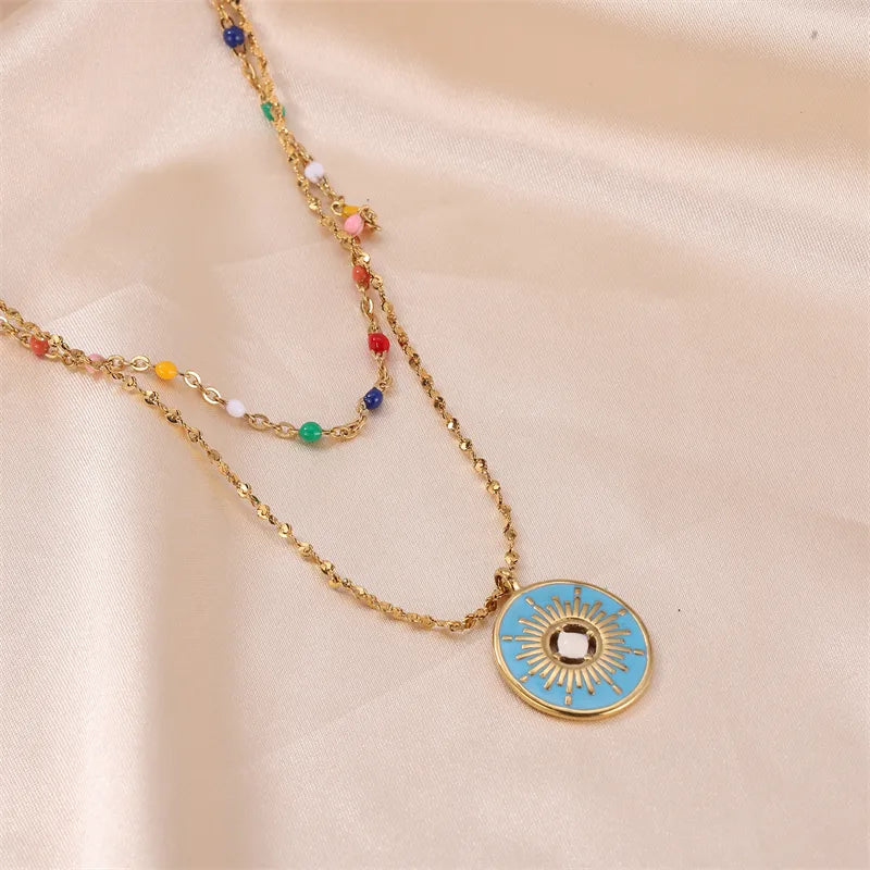 Wholesale Jewelry IG Style Elegant French Style Geometric 304 Stainless Steel Enamel Plating Double Layer Necklaces