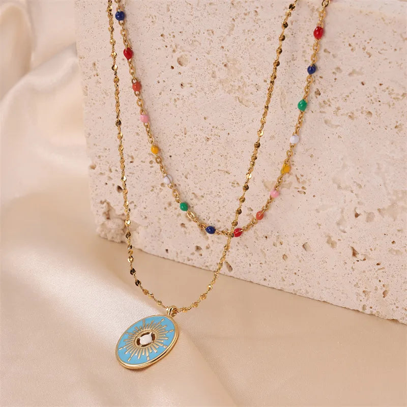 Wholesale Jewelry IG Style Elegant French Style Geometric 304 Stainless Steel Enamel Plating Double Layer Necklaces