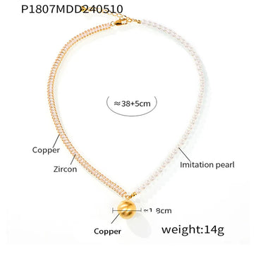 IG Style Elegant French Style Quadrilateral Round 18K Gold Plated Zircon Artificial Pearl Copper Wholesale Pendant Necklace