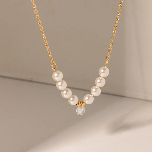 Ig Style Elegant Geometric Stainless Steel Plating Inlay Artificial Pearls Zircon 18k Gold Plated Necklace