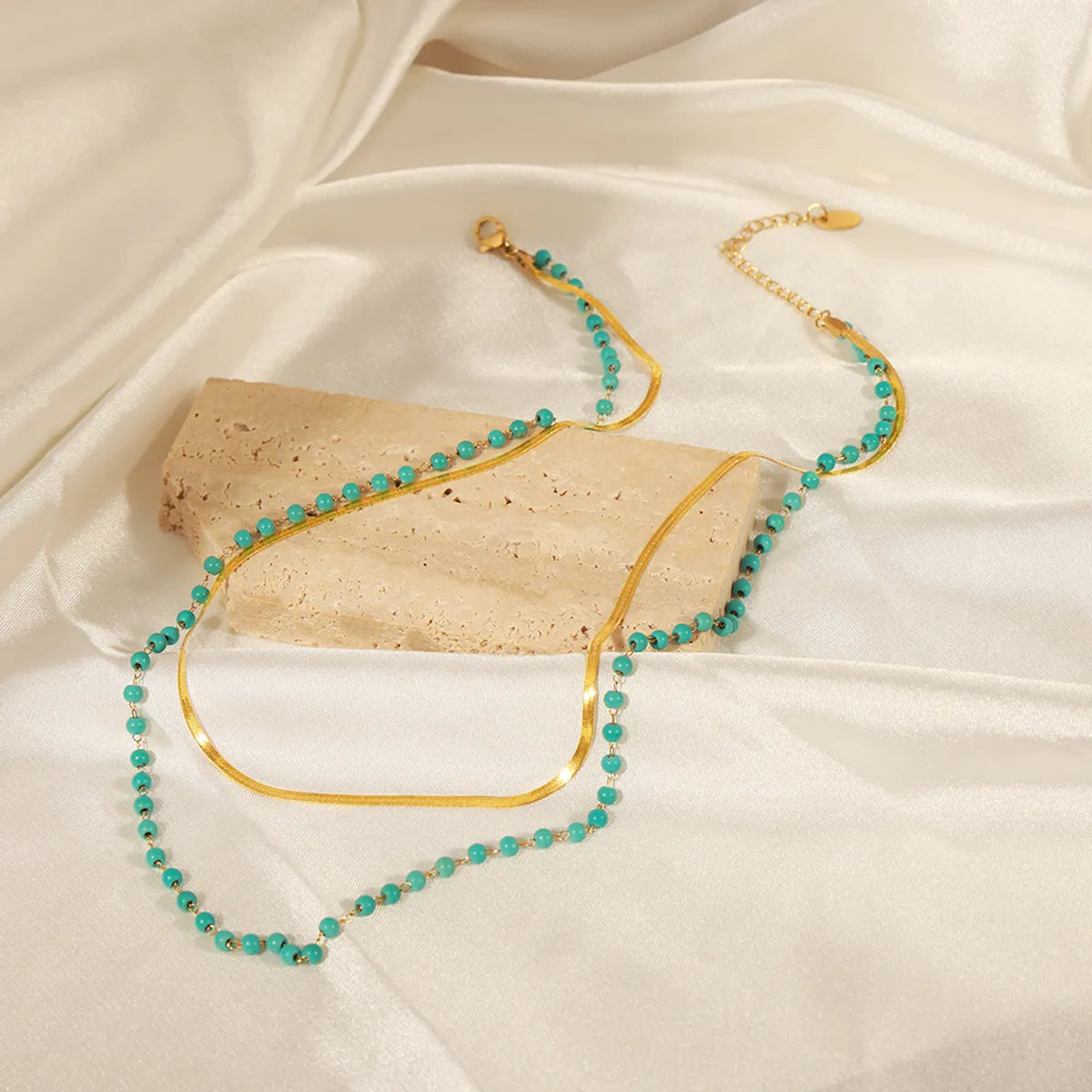 Ig Style Elegant Geometric Turquoise Titanium Steel Beaded Plating 18k Gold Plated Double Layer Necklaces