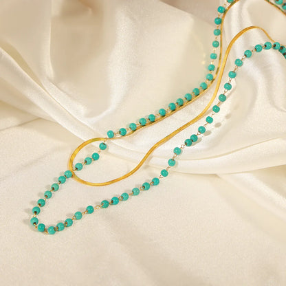 Ig Style Elegant Geometric Turquoise Titanium Steel Beaded Plating 18k Gold Plated Double Layer Necklaces