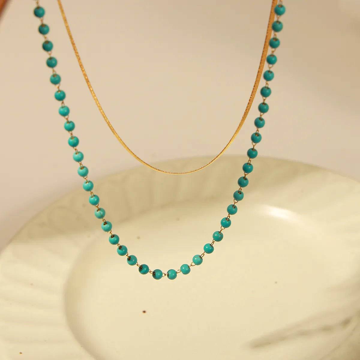 Ig Style Elegant Geometric Turquoise Titanium Steel Beaded Plating 18k Gold Plated Double Layer Necklaces