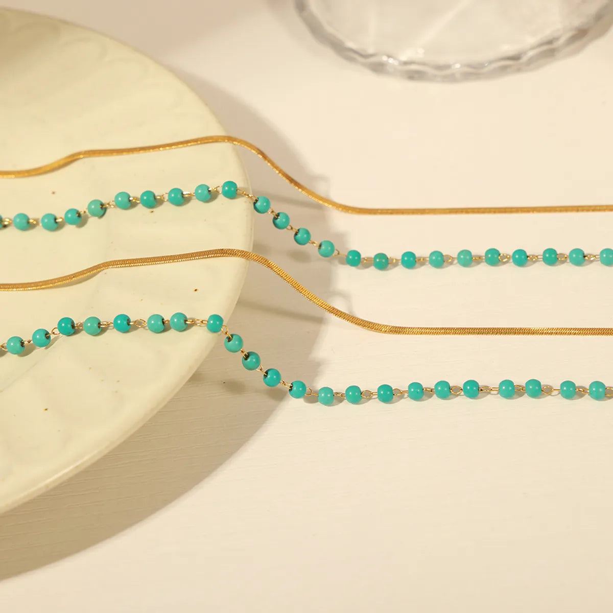 Ig Style Elegant Geometric Turquoise Titanium Steel Beaded Plating 18k Gold Plated Double Layer Necklaces