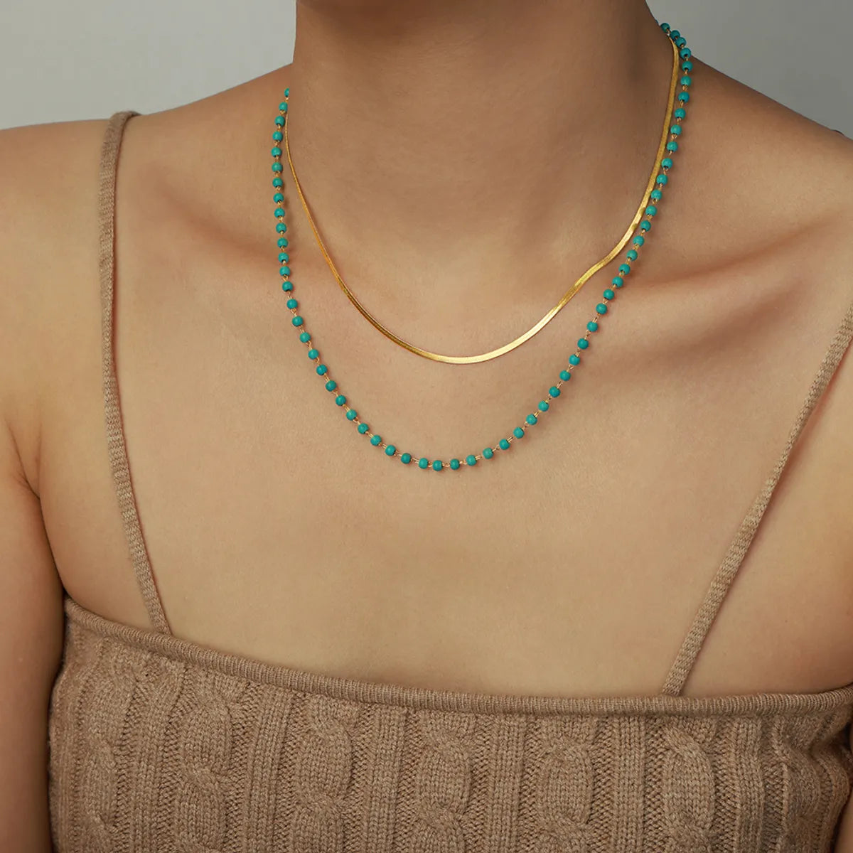 Ig Style Elegant Geometric Turquoise Titanium Steel Beaded Plating 18k Gold Plated Double Layer Necklaces