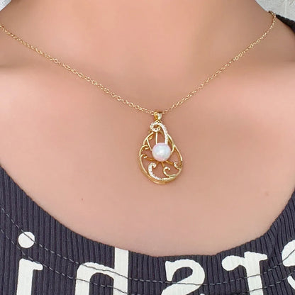 Ig Style Elegant Original Design Water Droplets Copper Plating Inlay Pearl Zircon White Gold Plated Gold Plated Pendant Necklace