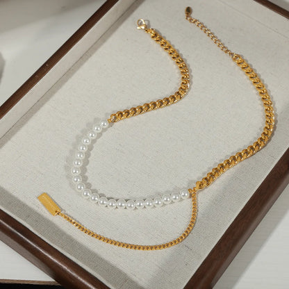 Ig Style Elegant Rectangle Imitation Pearl Titanium Steel Beaded Plating 18k Gold Plated Necklace