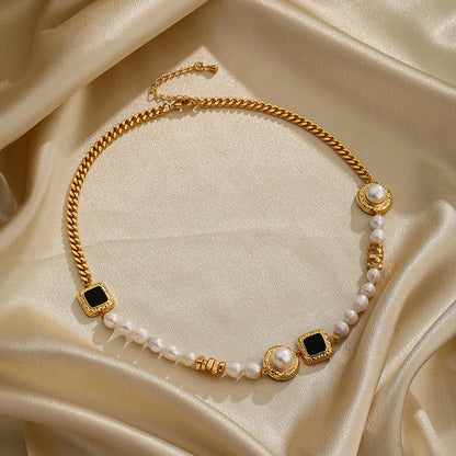 Ig Style Elegant Round Square Copper Beaded Plating Freshwater Pearl Zircon 18k Gold Plated Necklace