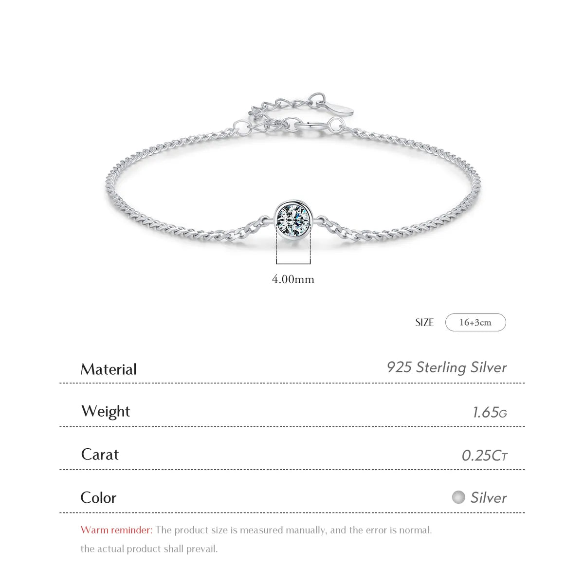 Ig Style Elegant Round Sterling Silver Gra Plating Inlay Moissanite Rhodium Plated Bracelets