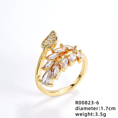 Ig Style Elegant Simple Style Geometric Leaves Copper Gold Plated Zircon Open Rings In Bulk