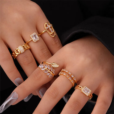 Ig Style Elegant Simple Style Geometric Leaves Copper Gold Plated Zircon Open Rings In Bulk