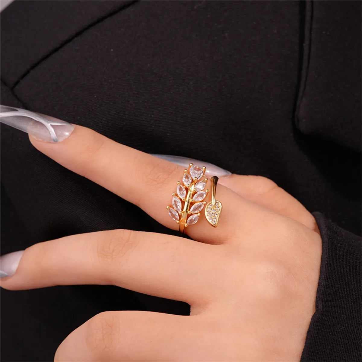 Ig Style Elegant Simple Style Geometric Leaves Copper Gold Plated Zircon Open Rings In Bulk