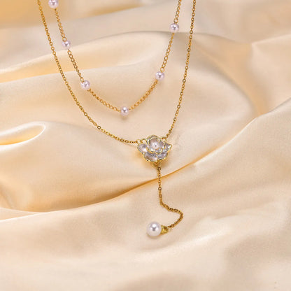 Ig Style Elegant Solid Color Stainless Steel Plating Inlay Artificial Pearls 18k Gold Plated Double Layer Necklaces