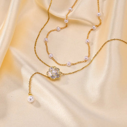 Ig Style Elegant Solid Color Stainless Steel Plating Inlay Artificial Pearls 18k Gold Plated Double Layer Necklaces