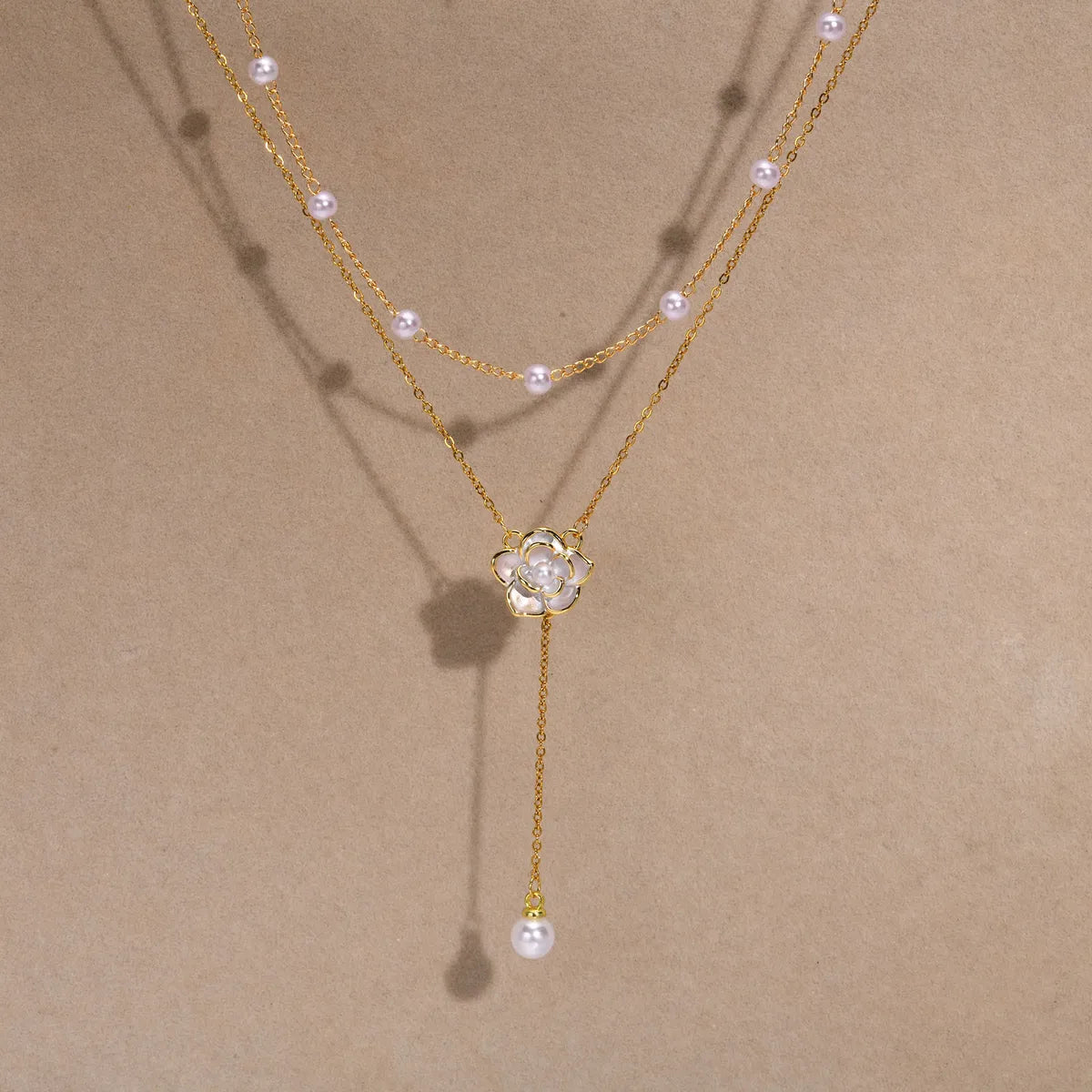 Ig Style Elegant Solid Color Stainless Steel Plating Inlay Artificial Pearls 18k Gold Plated Double Layer Necklaces