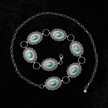 IG Style Ethnic Style Bohemian Round Oval Zinc Alloy Inlay Turquoise Silver Plated Women's Waist Chain