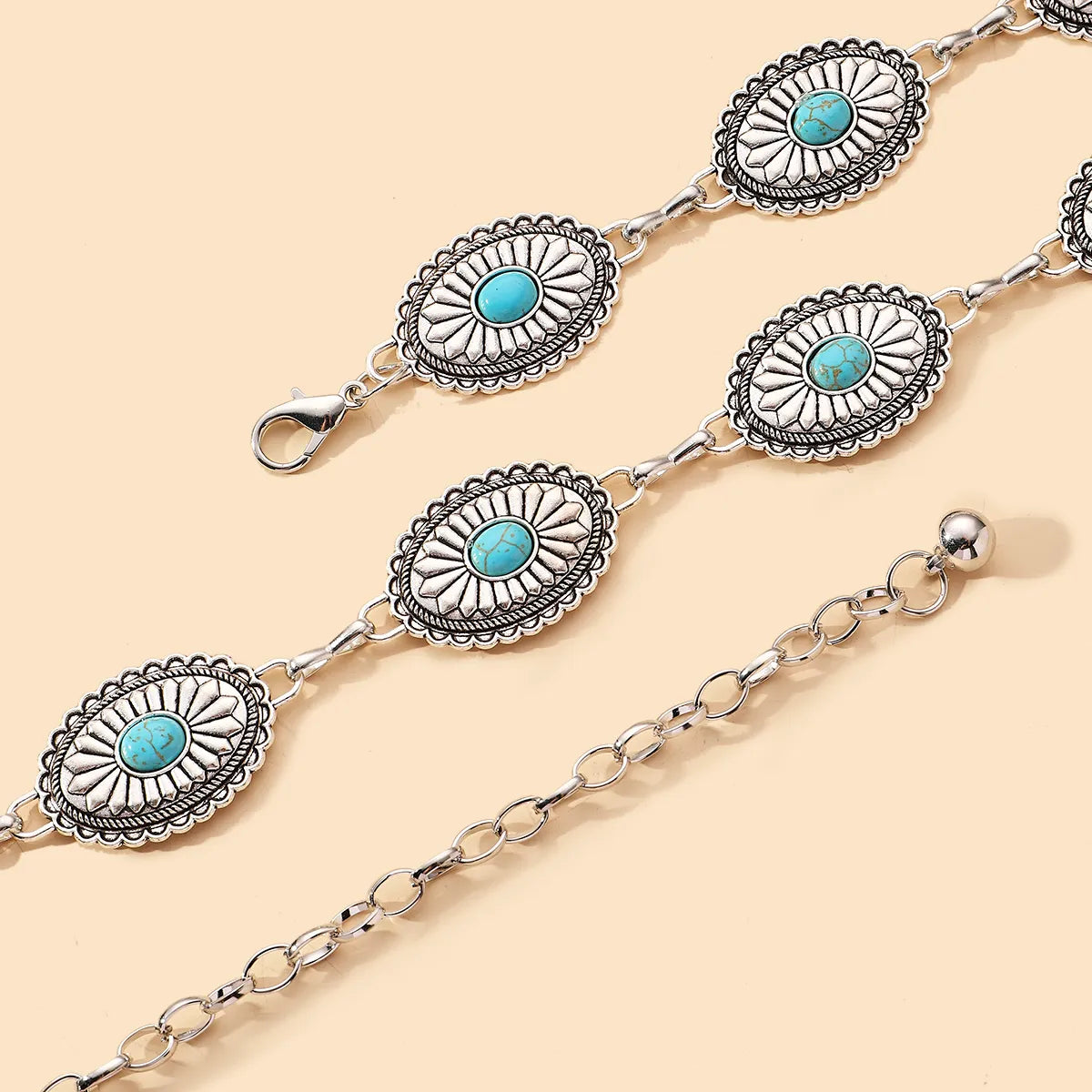 IG Style Ethnic Style Bohemian Round Oval Zinc Alloy Inlay Turquoise Silver Plated Women's Waist Chain