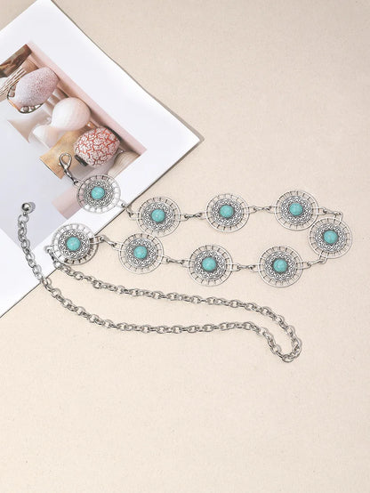 IG Style Ethnic Style Bohemian Round Oval Zinc Alloy Inlay Turquoise Silver Plated Women's Waist Chain