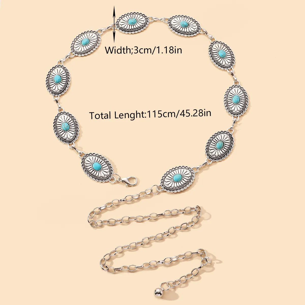 IG Style Ethnic Style Bohemian Round Oval Zinc Alloy Inlay Turquoise Silver Plated Women's Waist Chain