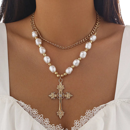 IG Style Exaggerated Cross Rhinestones Pearl Arylic Imitation Pearl Alloy Wholesale Pendant Necklace