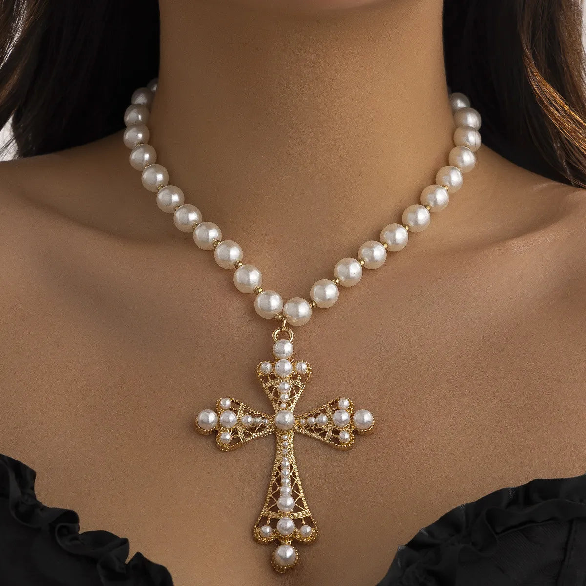 IG Style Exaggerated Cross Rhinestones Pearl Arylic Imitation Pearl Alloy Wholesale Pendant Necklace