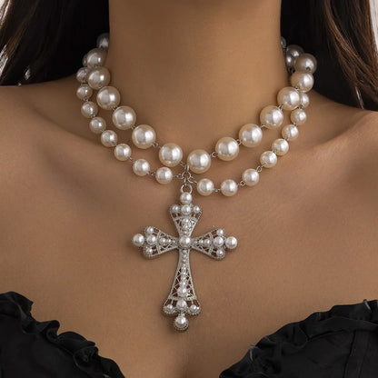 IG Style Exaggerated Cross Rhinestones Pearl Arylic Imitation Pearl Alloy Wholesale Pendant Necklace