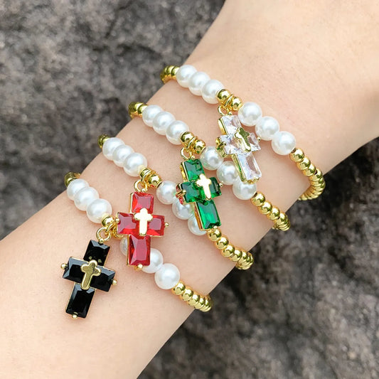 Ig Style Fashion Cross Baroque Pearls Copper Plating Inlay Zircon 18k Gold Plated Women's Bracelets