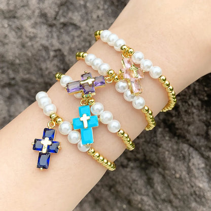 Ig Style Fashion Cross Baroque Pearls Copper Plating Inlay Zircon 18k Gold Plated Women's Bracelets