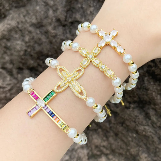 Ig Style Fashion Cross Imitation Pearl Copper Beaded Plating Inlay Zircon 18k Gold Plated Women'S Bracelets