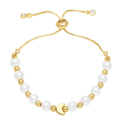 Ig Style Fashion Simple Style Star Moon Heart Shape Imitation Pearl Copper Beaded Plating 18k Gold Plated Women's Bracelets