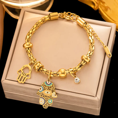 Ig Style Four Leaf Clover Devil's Eye Hand Of Fatima Titanium Steel Enamel Plating Inlay Rhinestones 18k Gold Plated Bracelets