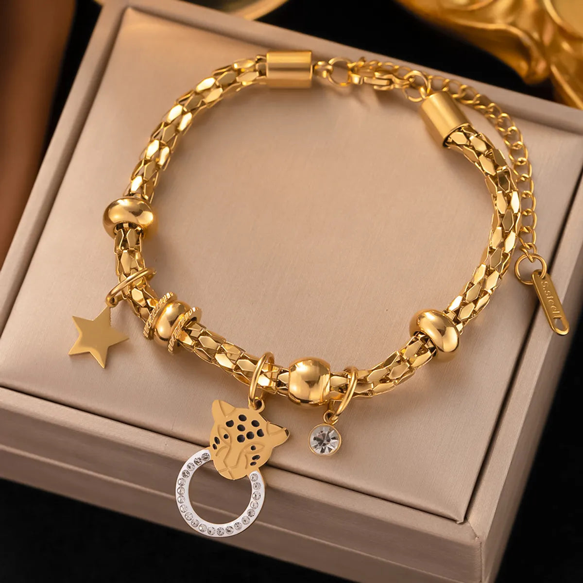 Ig Style Four Leaf Clover Devil's Eye Hand Of Fatima Titanium Steel Enamel Plating Inlay Rhinestones 18k Gold Plated Bracelets