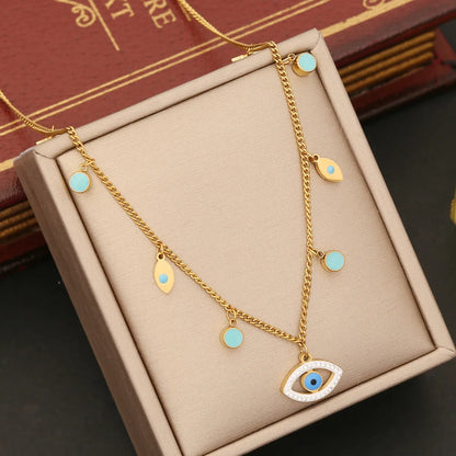 Ig Style Four Leaf Clover Eye Snowflake Stainless Steel Enamel Plating Necklace