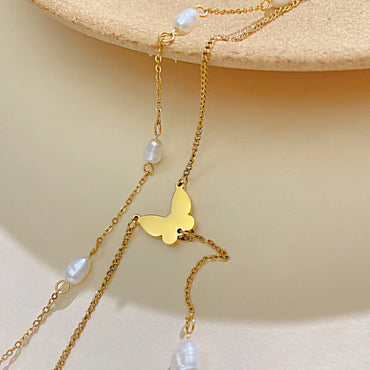 304 Stainless Steel Freshwater Pearl IG Style French Style Inlay Butterfly Freshwater Pearl Shell Double Layer Necklaces