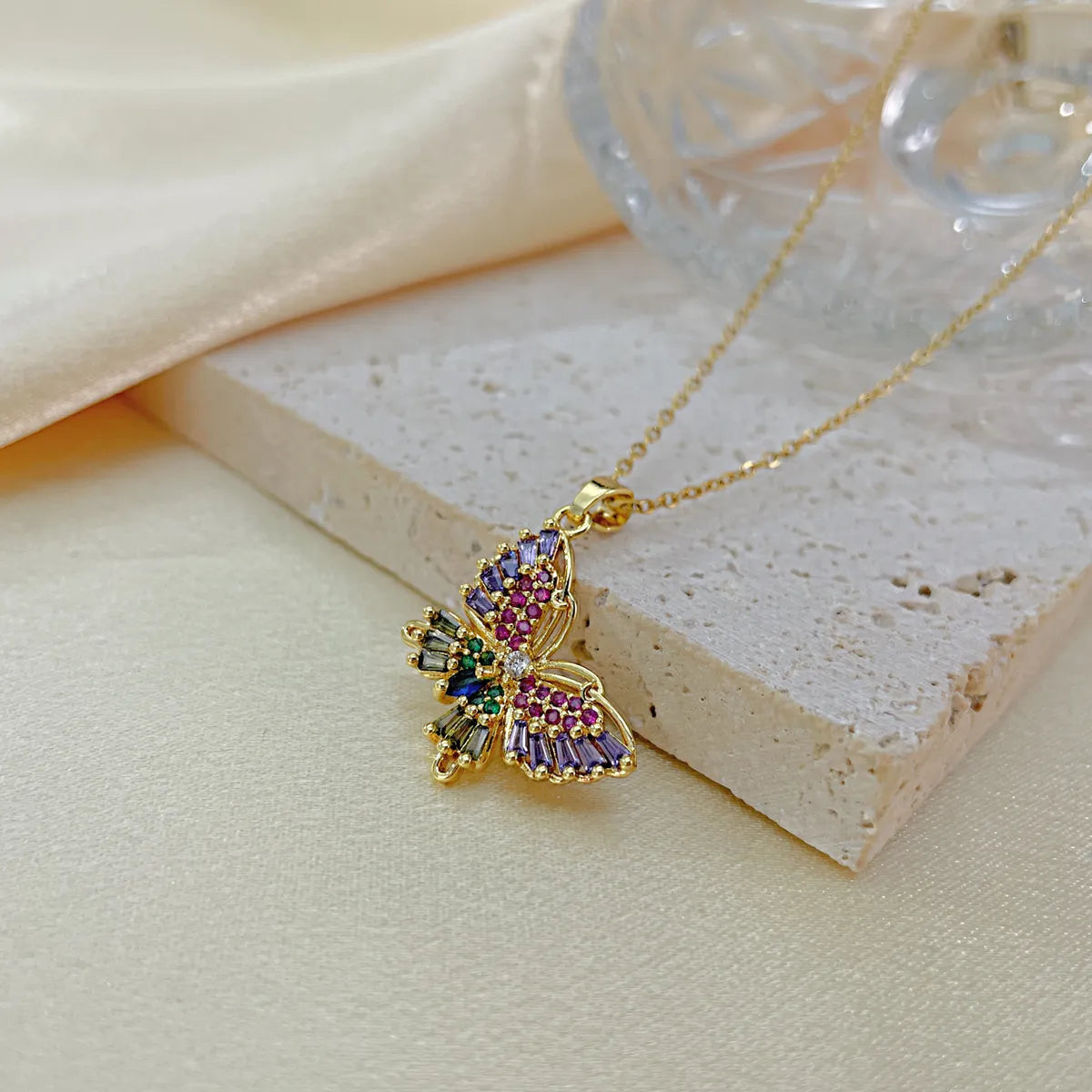 Titanium Steel IG Style French Style Inlay Butterfly Zircon Pendant Necklace