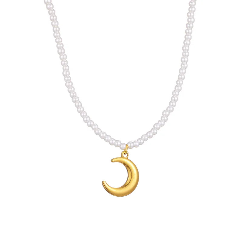 Ig Style French Style Moon Chili Stainless Steel Artificial Pearl Plating 18k Gold Plated Pendant Necklace