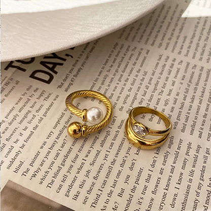 Ig Style Geometric Titanium Steel Pearl Plating Zircon Rings