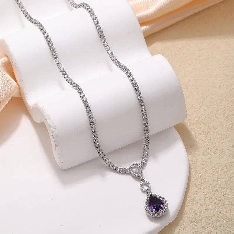 Wholesale IG Style Glam Simple Style Water Droplets Copper Plating Inlay Rhodium Plated Zircon Pendant Necklace