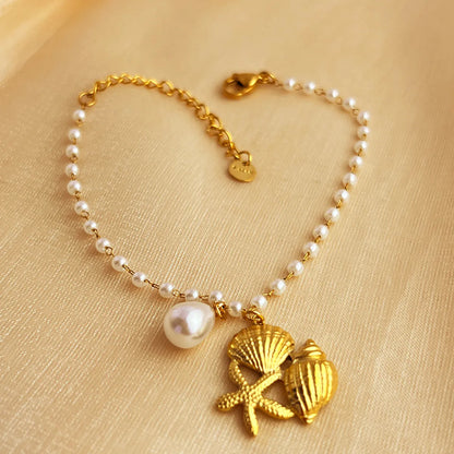 IG Style Hawaiian Classic Style Starfish Conch Shell 201 Stainless Steel 304 Stainless Steel Artificial Pearl 18K Gold Plated Bracelets In Bulk