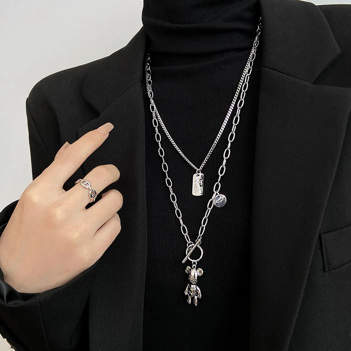 Ig Style Hip-Hop Bear Alloy Titanium Steel Unisex Layered Necklaces Sweater Chain