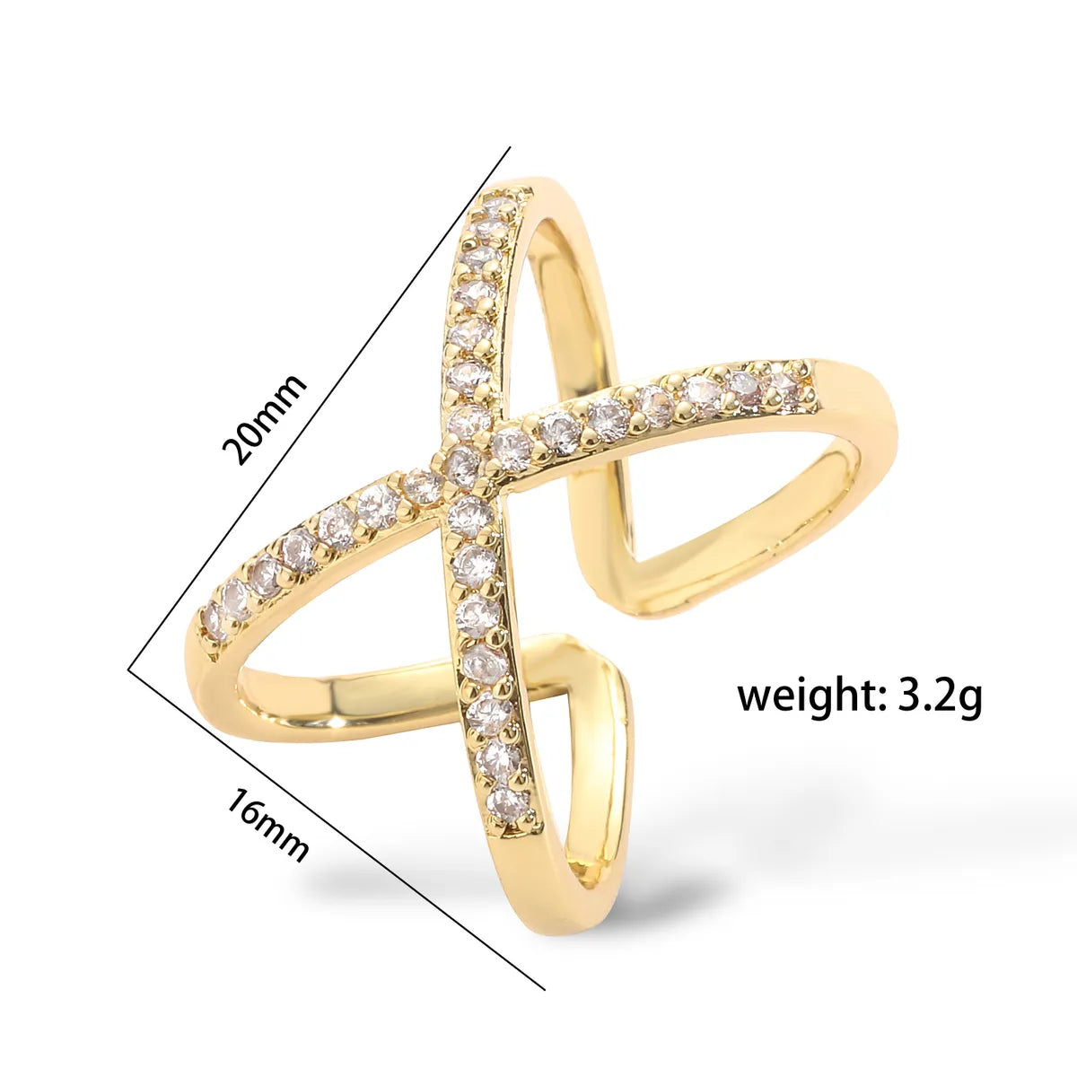 Ig Style Hip-hop Cool Style Geometric Copper Criss Cross Plating Inlay Zircon 18k Gold Plated Open Rings