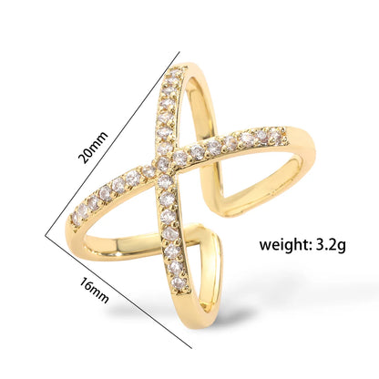 Ig Style Hip-hop Cool Style Geometric Copper Criss Cross Plating Inlay Zircon 18k Gold Plated Open Rings