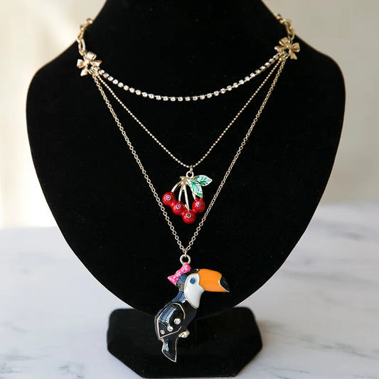 IG Style Korean Style Cherry Artificial Gemstones Alloy Wholesale Three Layer Necklace Pendant Necklace