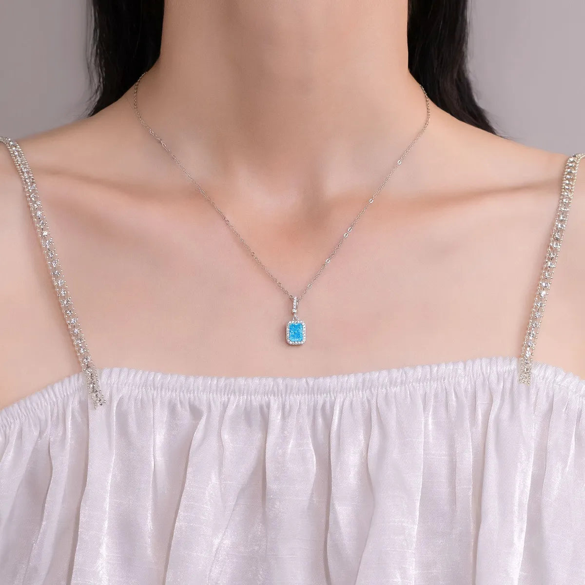 Ig Style Lady Korean Style Square Sterling Silver Inlay Zircon Pendant Necklace