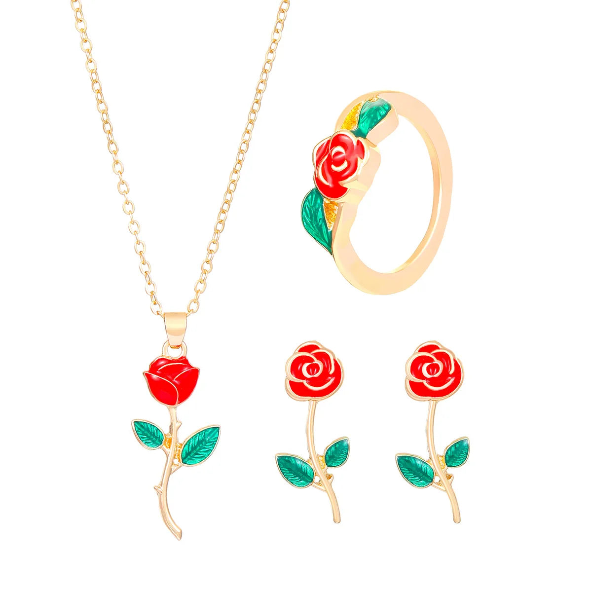 IG Style Lady Sweet Rose Alloy Enamel Women'S Rings Earrings Necklace