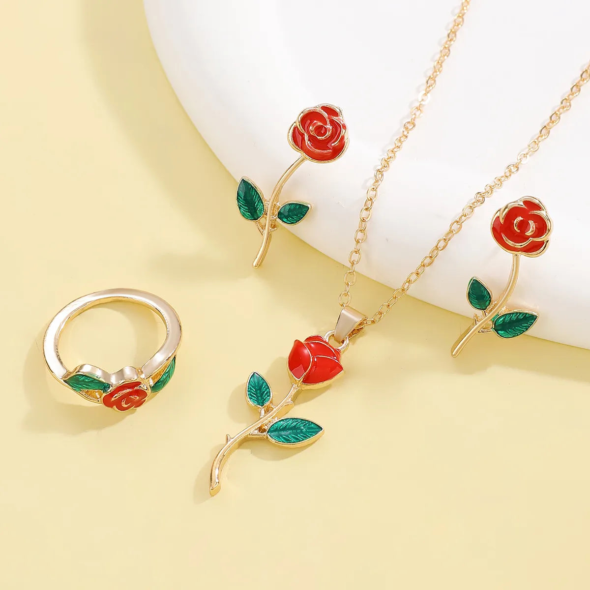 IG Style Lady Sweet Rose Alloy Enamel Women'S Rings Earrings Necklace