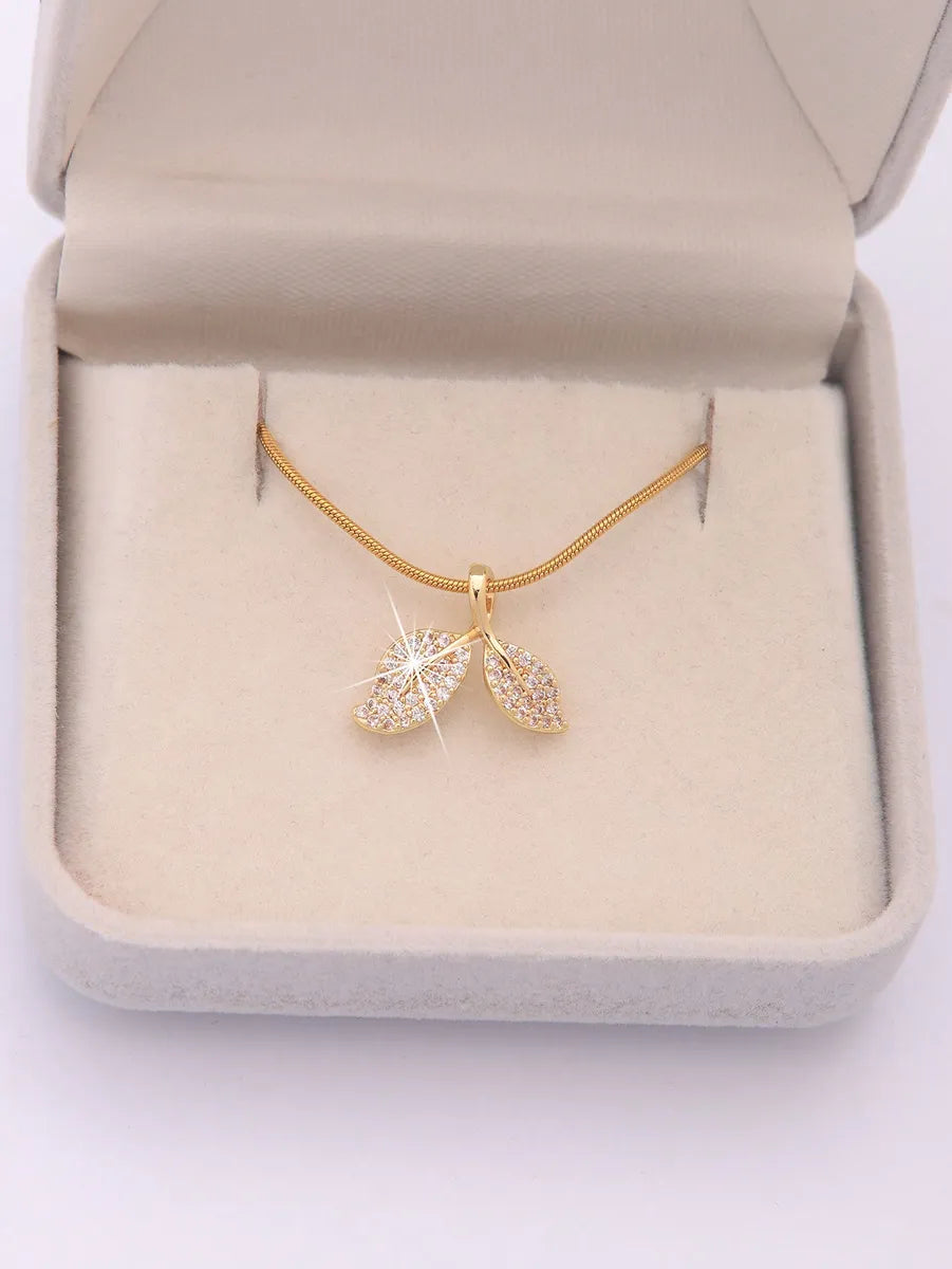 Ig Style Leaves Stainless Steel Brass Plating Inlay Zircon 18k Gold Plated Pendant Necklace