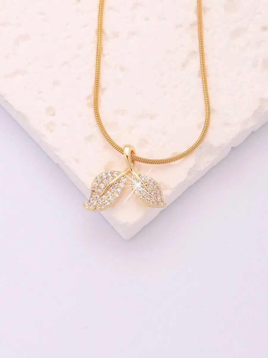 Ig Style Leaves Stainless Steel Brass Plating Inlay Zircon 18k Gold Plated Pendant Necklace